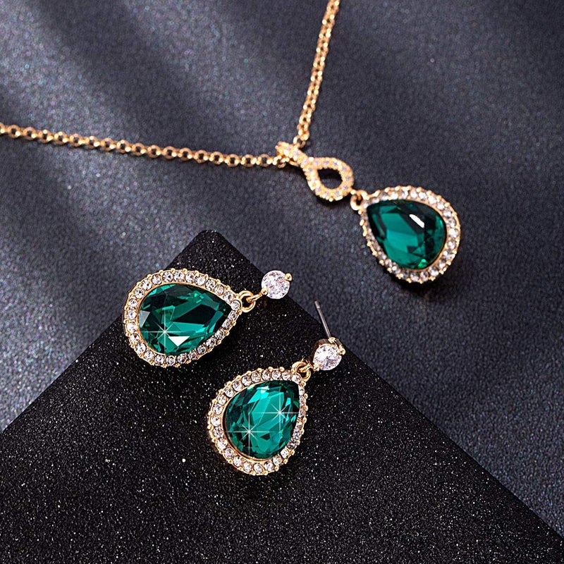 EVEVIC Austrian Crystals Teardrop Pendant Necklace Earrings for Women 14K Gold Plated Hypoallergenic Jewelry Set (Green) - Image 3